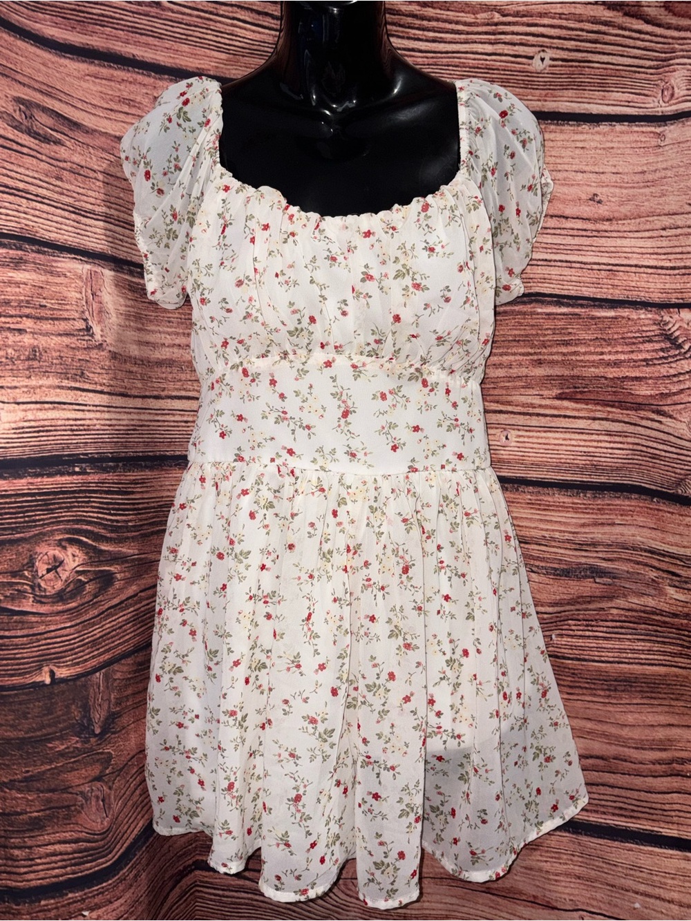 Streetwear Society Cream Floral Puff-Sleeve Romper with Red & Green Print